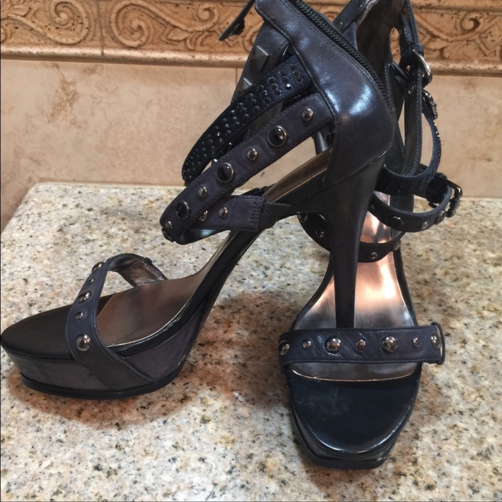Guess Pewter Gray Embellished Strappy Pump Sandals